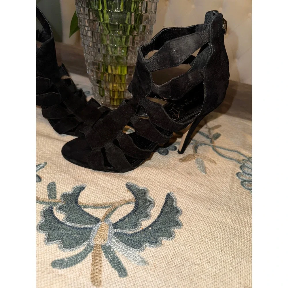 Ivanka Trump Black Suede Leather‎ Gladiator Heels Strappy Stiletto 7.5M